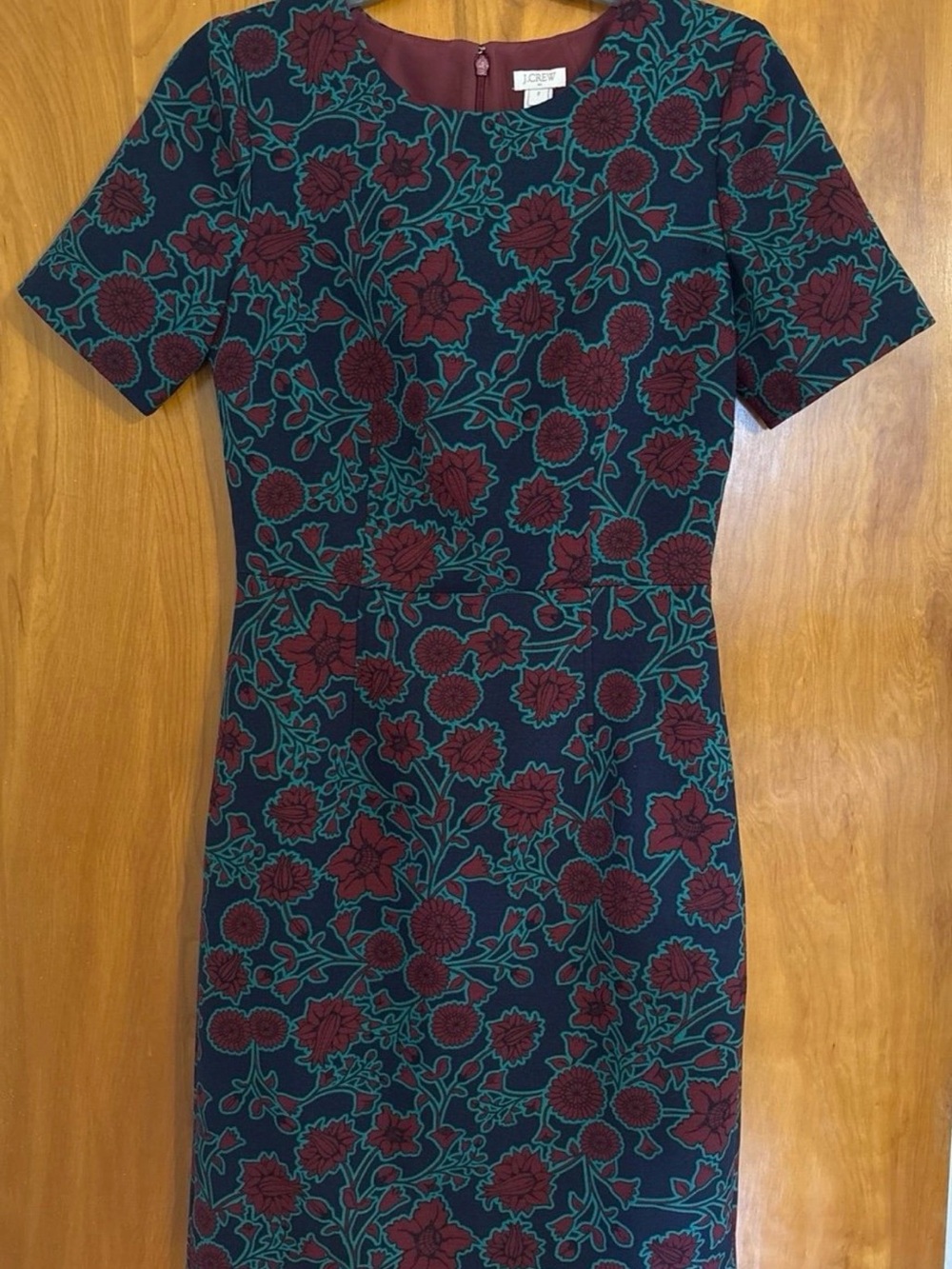 J. Crew Navy Midi Sheath Dress with Burgundy Floral and Teal Vines